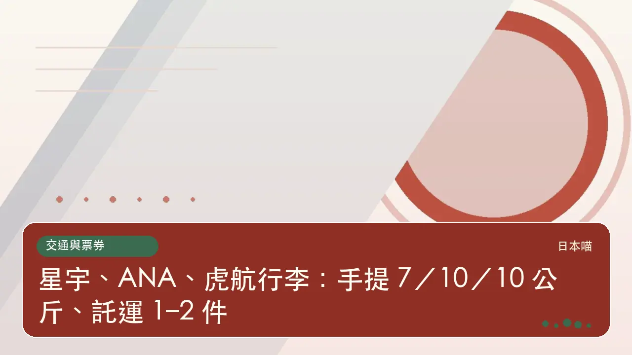 星宇、ANA、虎航行李:手提 7/10/10 公斤、託運 1–2 件主題插畫