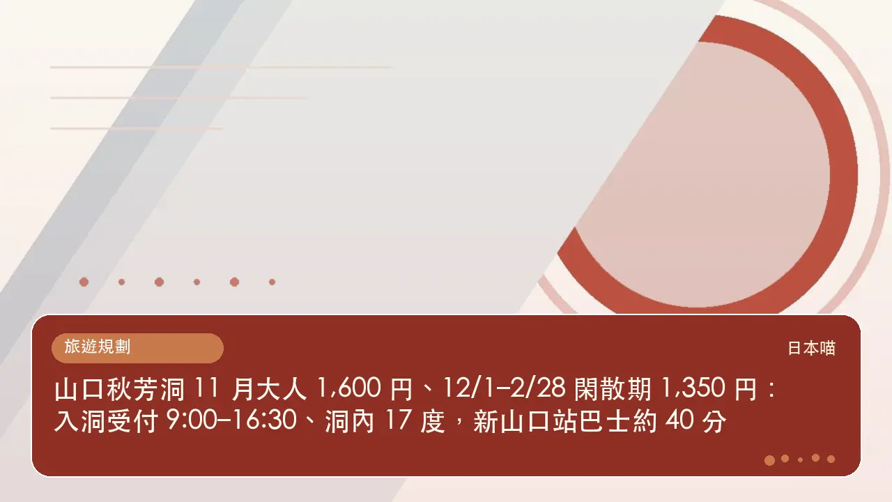 山口秋芳洞 11 月大人 1,600 円、12/1–2/28 閑散期 1,350 円：入洞受付 9:00–16:30、洞內 17 度，新山口站巴士約 40 分主題插畫