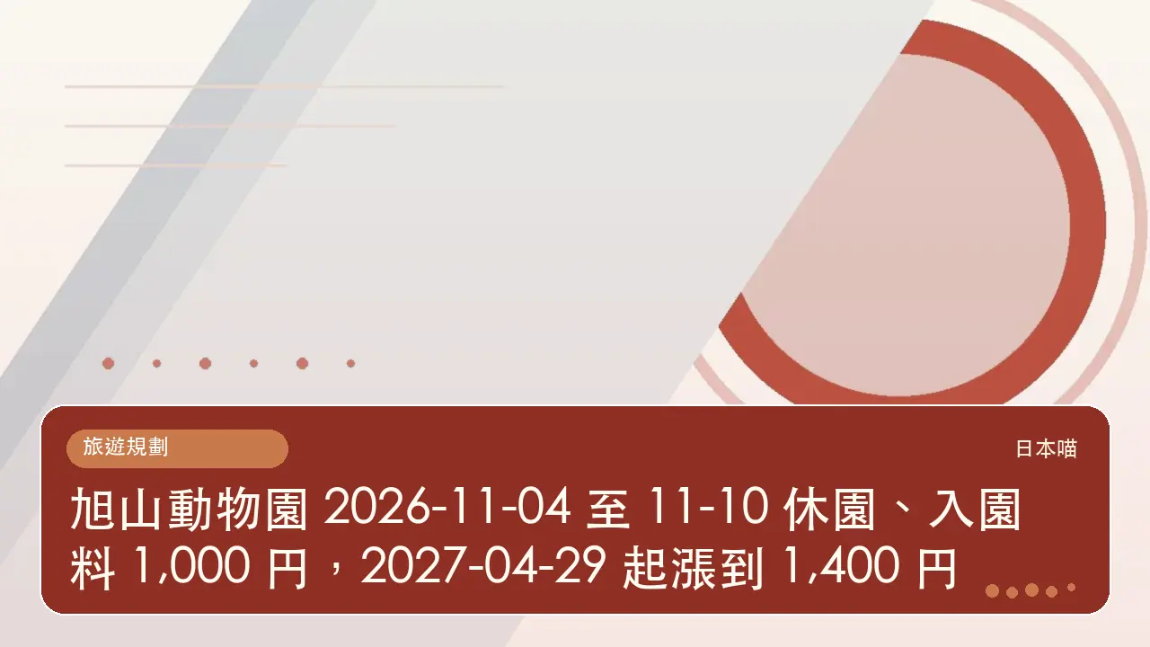 旭山動物園 2026-11-04 至 11-10 休園、入園料 1,000 円，2027-04-29 起漲到 1,400 円主題插畫