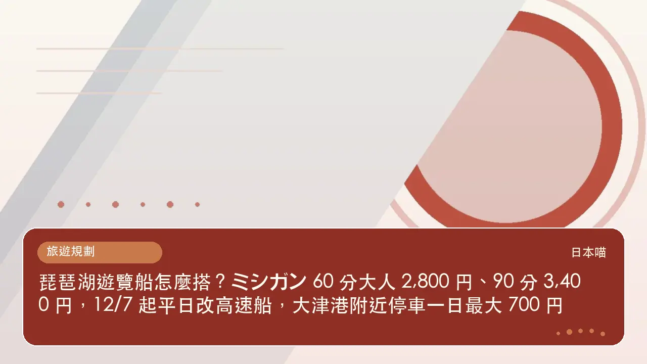 琵琶湖遊覽船怎麼搭?ミシガン 60 分大人 2,800 円、90 分 3,400 円,12/7 起平日改高速船,大津港附近停車一日最大 700 円主題插畫