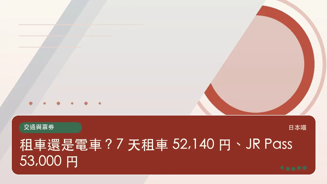 租車還是電車?7 天租車 52,140 円、JR Pass 53,000 円主題插畫