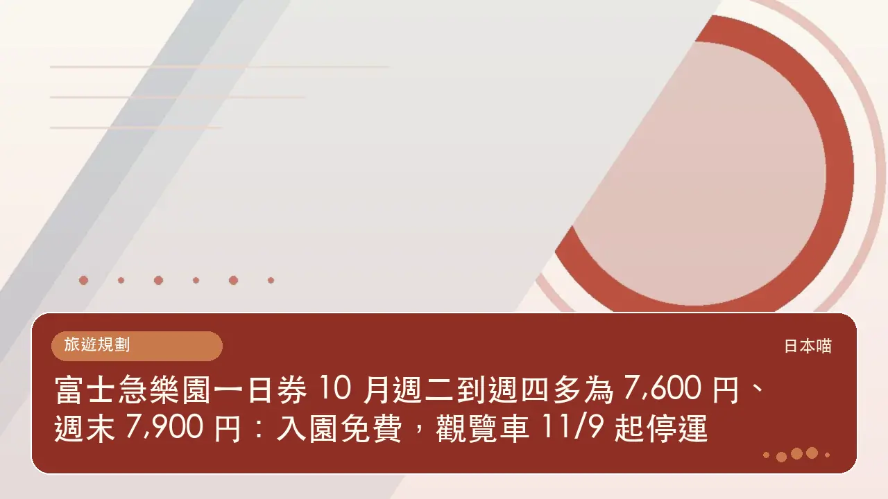 富士急樂園一日券 10 月週二到週四多為 7,600 円、週末 7,900 円:入園免費,觀覽車 11/9 起停運主題插畫