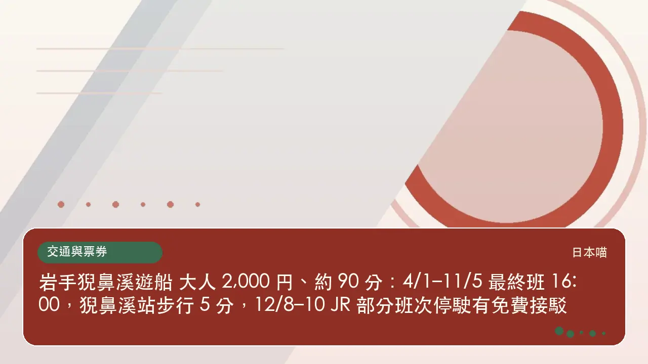 岩手猊鼻溪遊船 大人 2,000 円、約 90 分:4/1–11/5 最終班 16:00,猊鼻溪站步行 5 分,12/8–10 JR 部分班次停駛有免費接駁主題插畫