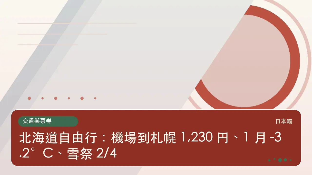 北海道自由行：機場到札幌 1,230 円、1 月 -3.2°C、雪祭 2/4主題插畫