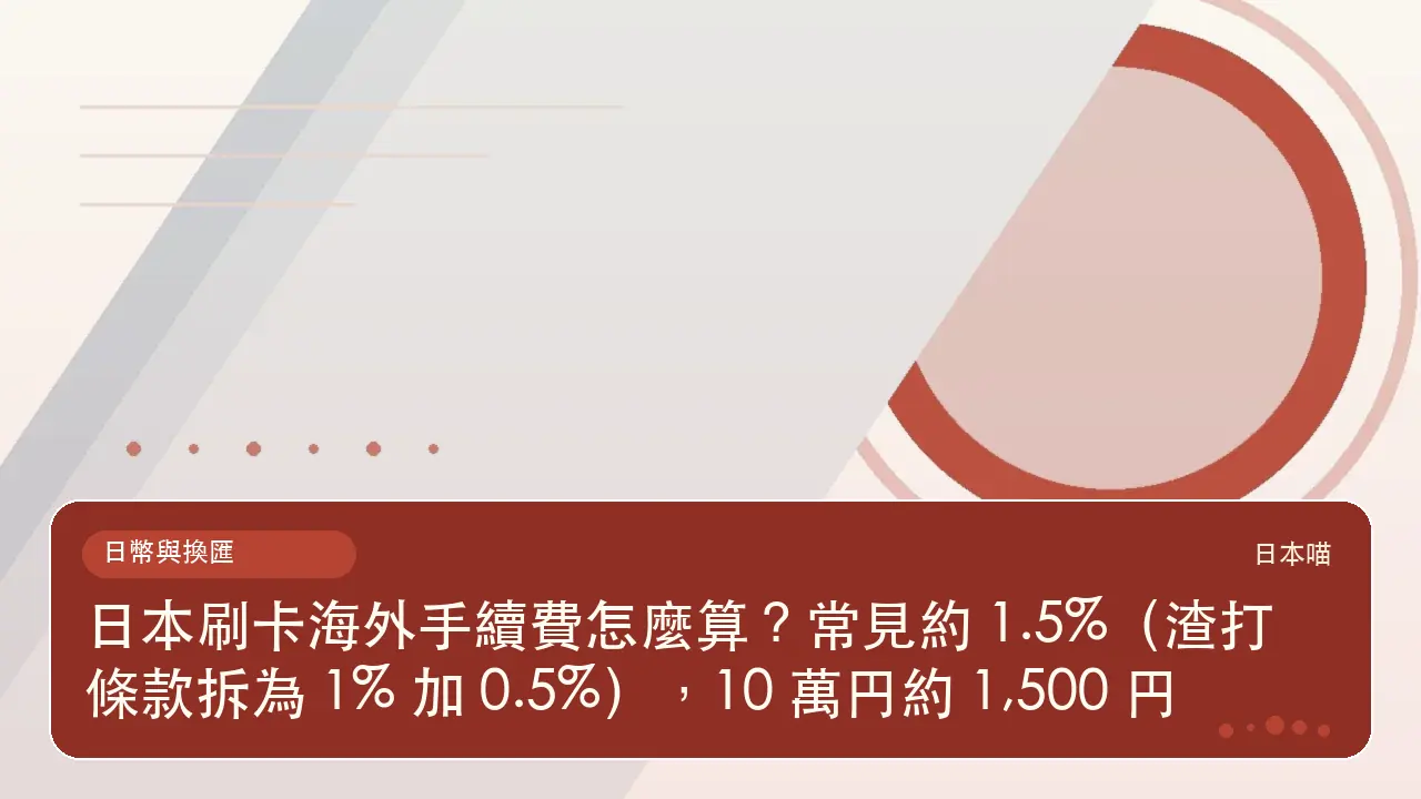 日本刷卡海外手續費怎麼算?常見約 1.5%(渣打條款拆為 1% 加 0.5%),10 萬円約 1,500 円主題插畫