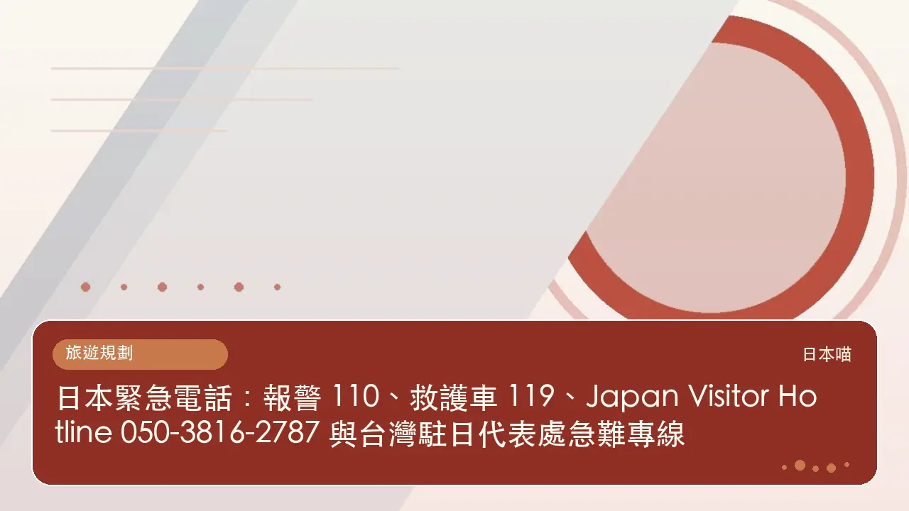 日本緊急電話:報警 110、救護車 119、Japan Visitor Hotline 050-3816-2787 與台灣駐日代表處急難專線主題插畫