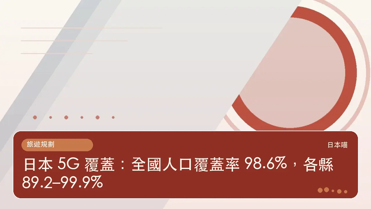 日本 5G 覆蓋:全國人口覆蓋率 98.6%,各縣 89.2–99.9%主題插畫