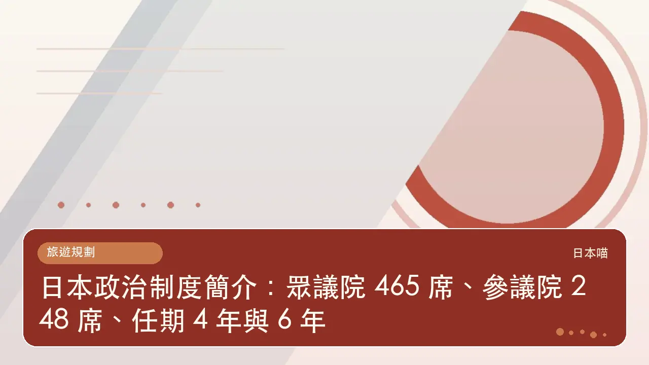 日本政治制度簡介：眾議院 465 席、參議院 248 席、任期 4 年與 6 年主題插畫