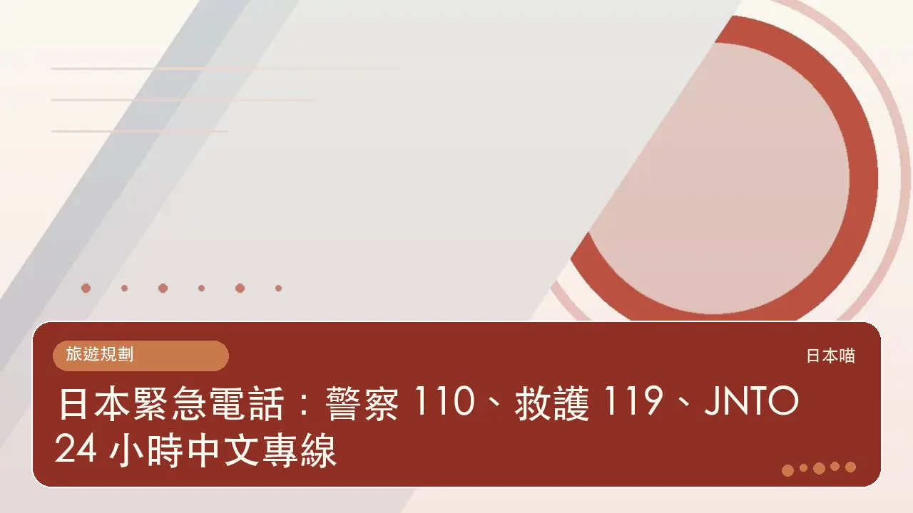 日本緊急電話：警察 110、救護 119、JNTO 24 小時中文專線主題插畫
