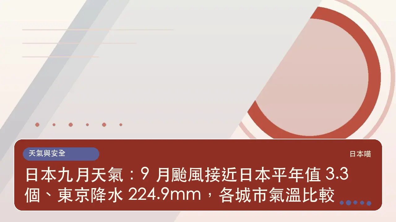 日本九月天氣:9 月颱風接近日本平年值 3.3 個、東京降水 224.9mm,各城市氣溫比較主題插畫