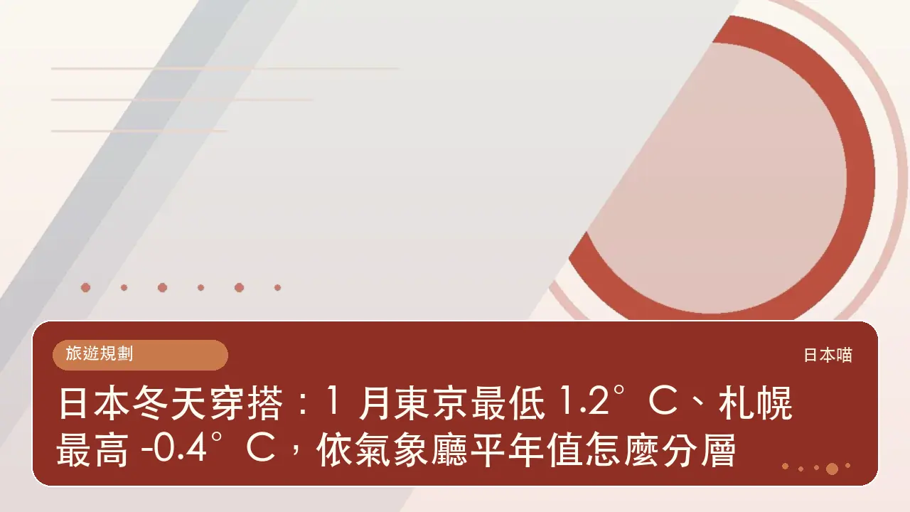 日本冬天穿搭：1 月東京最低 1.2°C、札幌最高 -0.4°C，依氣象廳平年值怎麼分層主題插畫