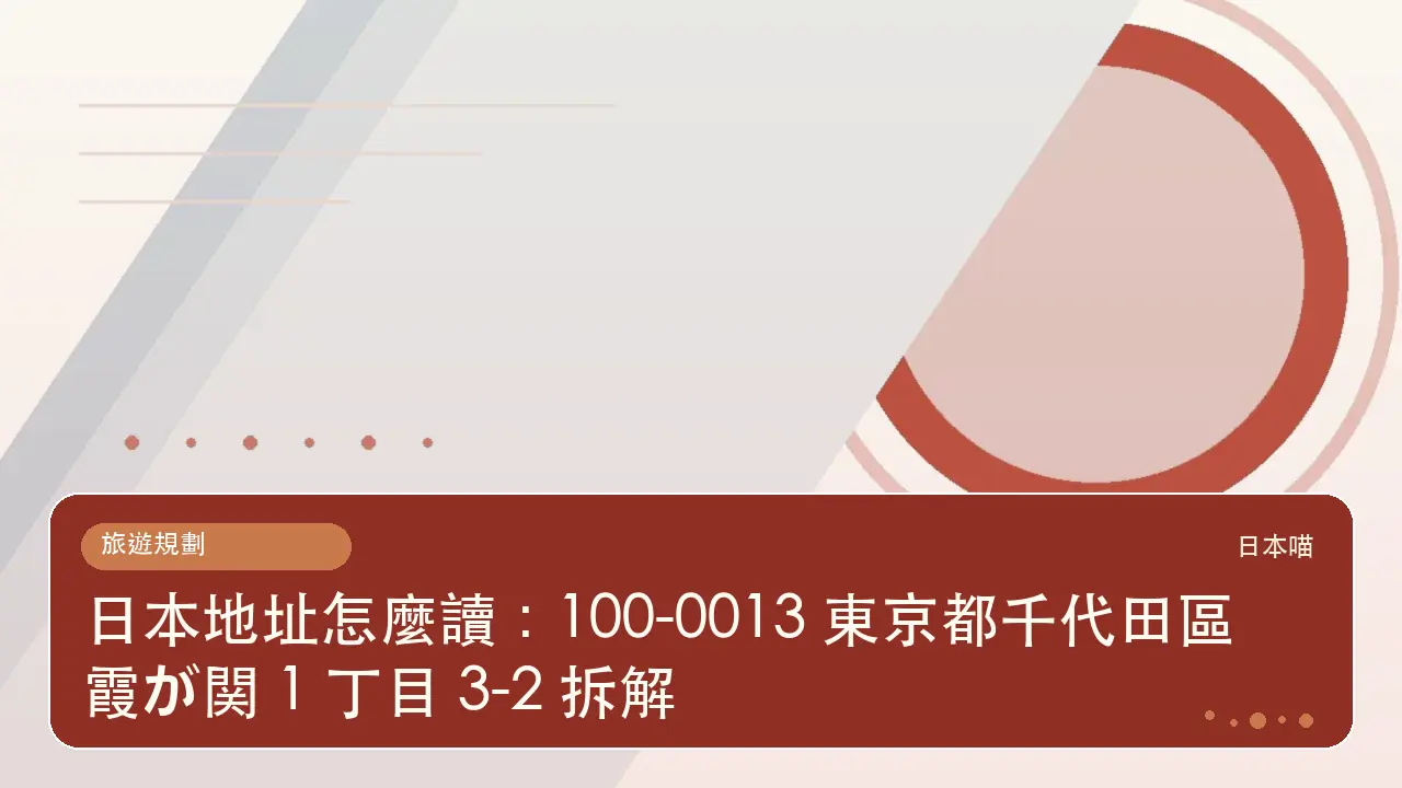 日本地址怎麼讀:100-0013 東京都千代田區霞が関 1 丁目 3-2 拆解主題插畫