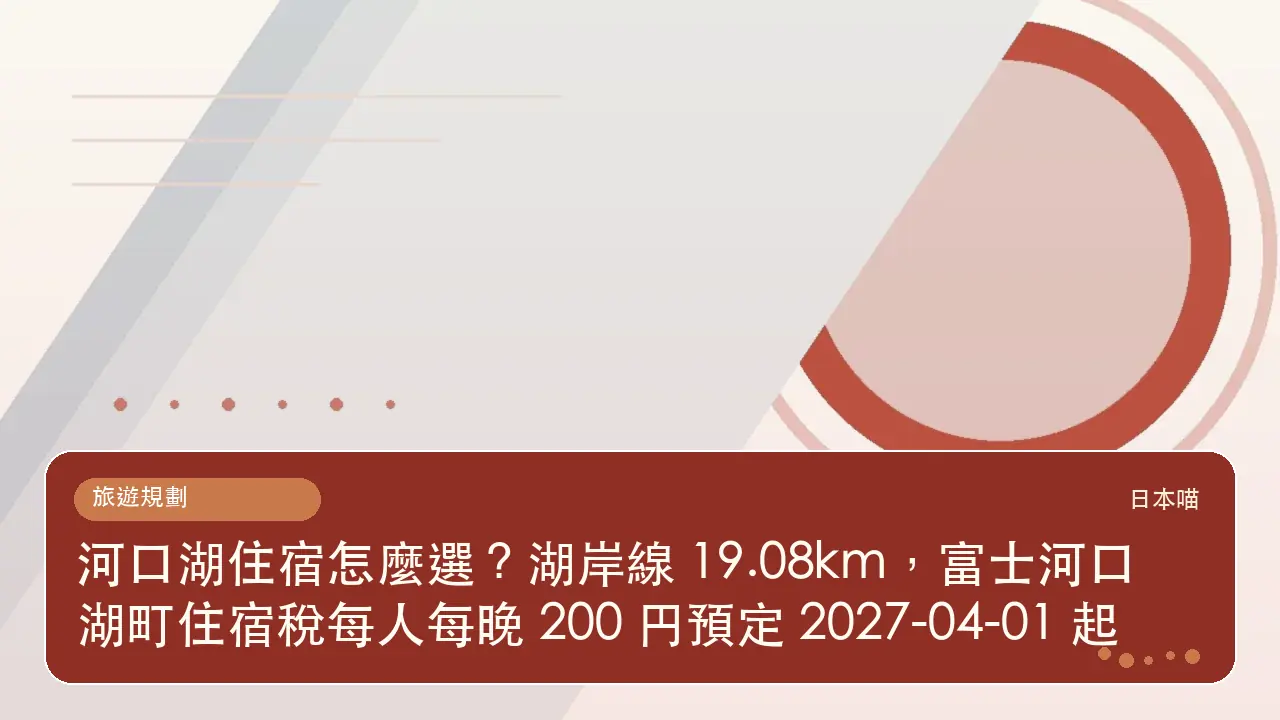 河口湖住宿怎麼選?湖岸線 19.08km,富士河口湖町住宿稅每人每晚 200 円預定 2027-04-01 起主題插畫
