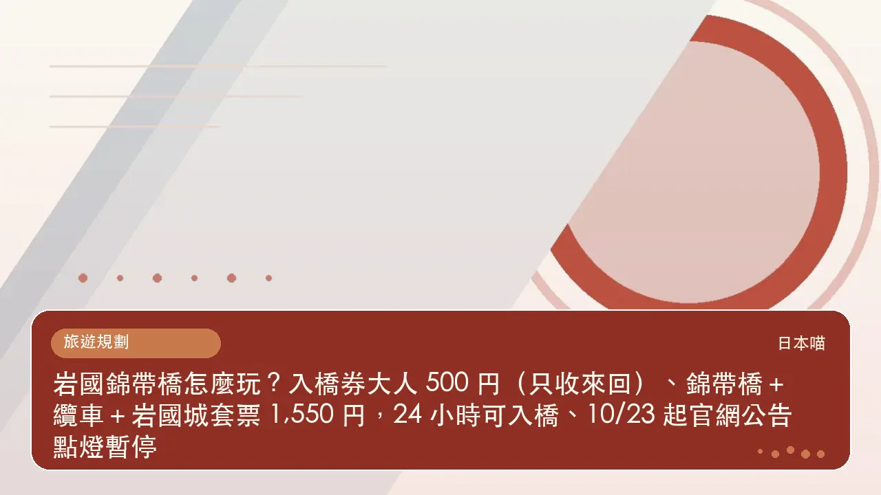 岩國錦帶橋怎麼玩?入橋券大人 500 円(只收來回)、錦帶橋+纜車+岩國城套票 1,550 円,24 小時可入橋、10/23 起官網公告點燈暫停主題插畫