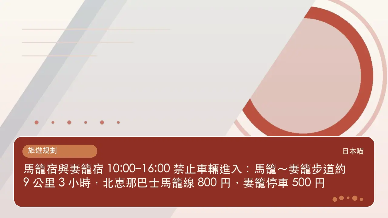 馬籠宿與妻籠宿 10:00–16:00 禁止車輛進入：馬籠～妻籠步道約 9 公里 3 小時，北恵那巴士馬籠線 800 円，妻籠停車 500 円主題插畫