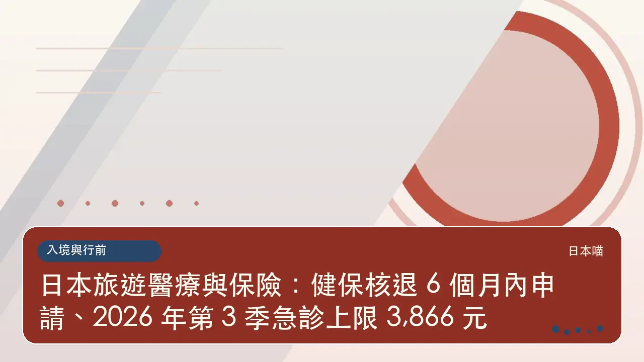 日本旅遊醫療與保險：健保核退 6 個月內申請、2026 年第 3 季急診上限 3,866 元主題插畫
