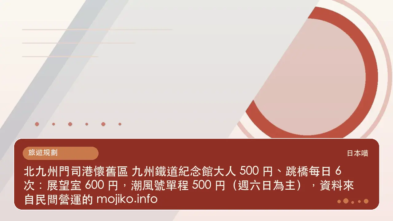 北九州門司港懷舊區 九州鐵道紀念館大人 500 円、跳橋每日 6 次：展望室 600 円，潮風號單程 500 円（週六日為主），資料來自民間營運的 mojiko.info主題插畫