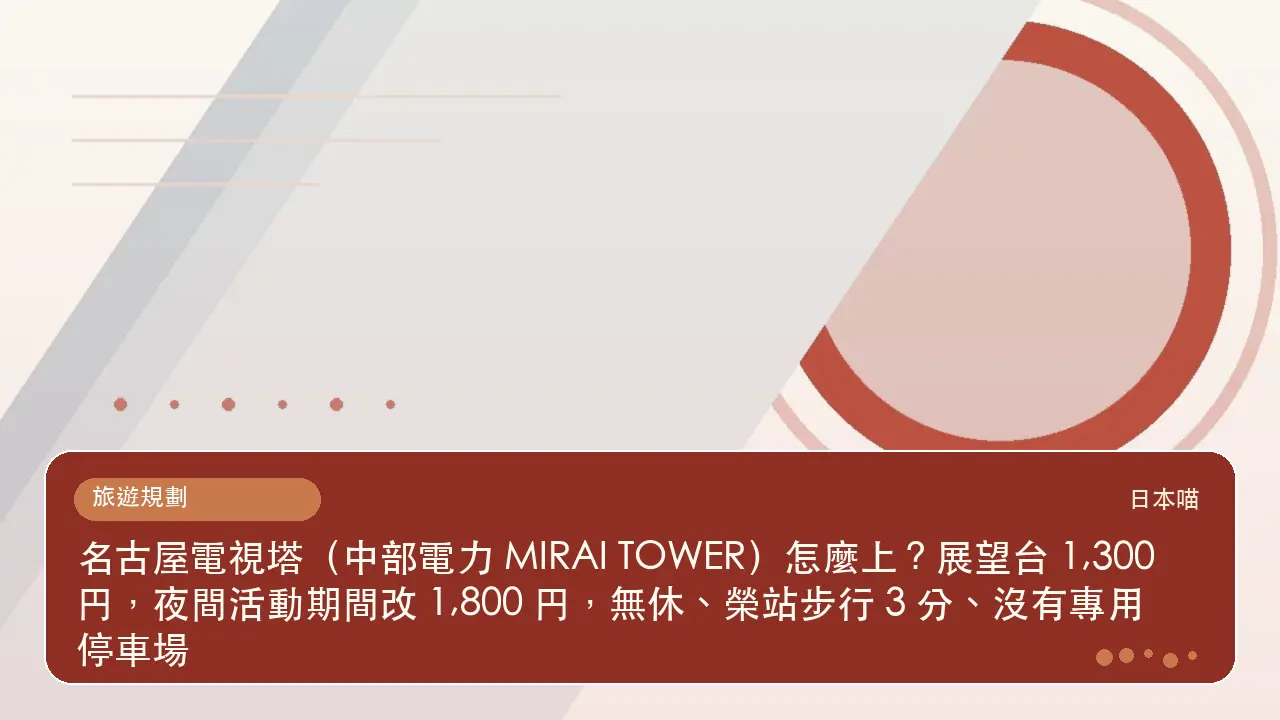 名古屋電視塔(中部電力 MIRAI TOWER)怎麼上?展望台 1,300 円,夜間活動期間改 1,800 円,無休、榮站步行 3 分、沒有專用停車場主題插畫
