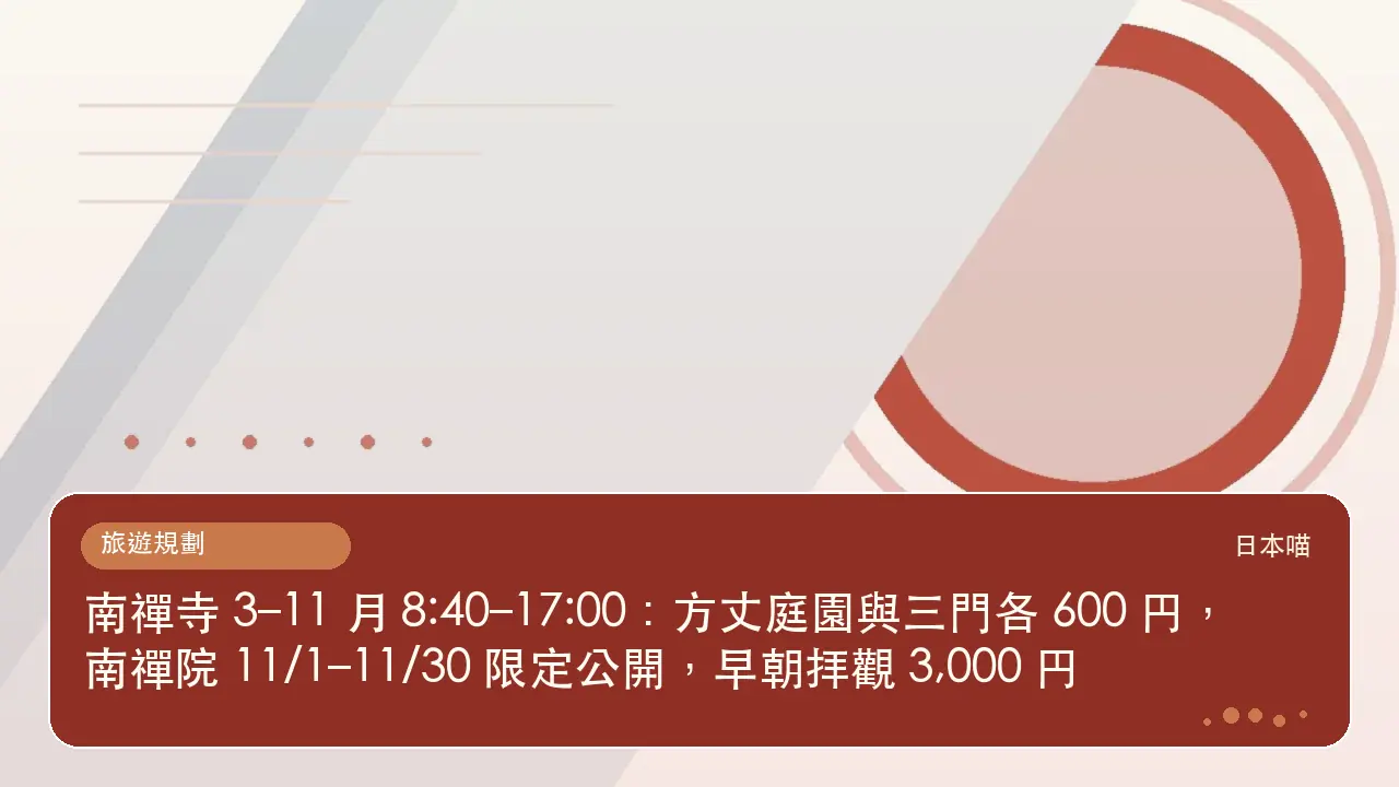 南禪寺 3–11 月 8:40–17:00:方丈庭園與三門各 600 円,南禪院 11/1–11/30 限定公開,早朝拝觀 3,000 円主題插畫