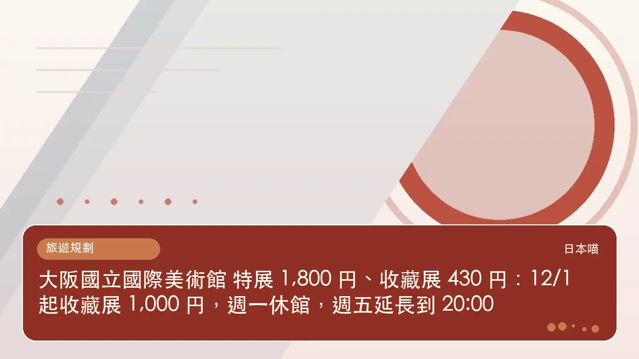 大阪國立國際美術館 特展 1,800 円、收藏展 430 円:12/1 起收藏展 1,000 円,週一休館,週五延長到 20:00主題插畫