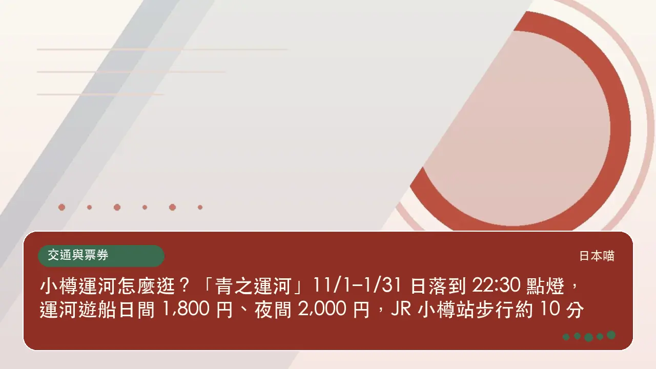 小樽運河怎麼逛?「青之運河」11/1–1/31 日落到 22:30 點燈,運河遊船日間 1,800 円、夜間 2,000 円,JR 小樽站步行約 10 分主題插畫
