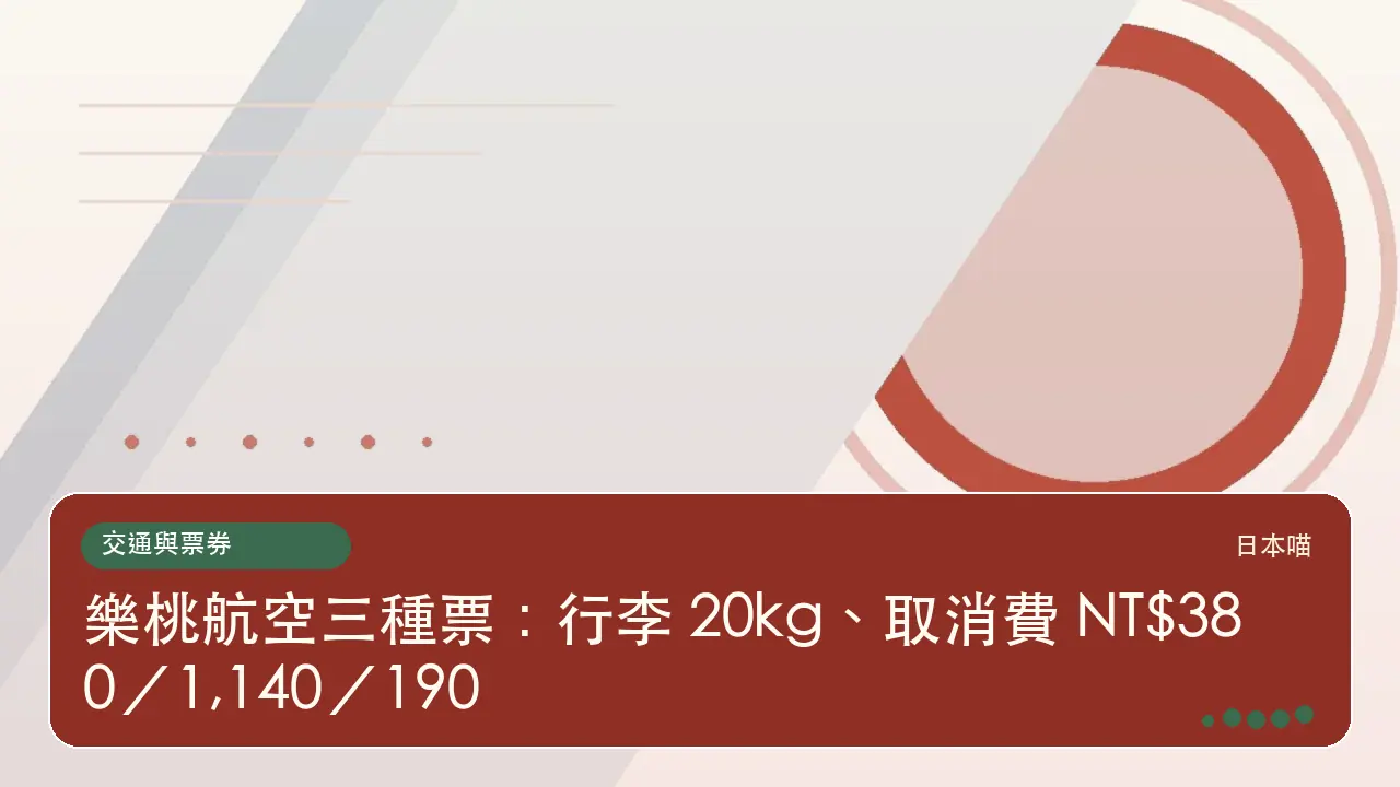 樂桃航空三種票:行李 20kg、取消費 NT$380/1,140/190主題插畫