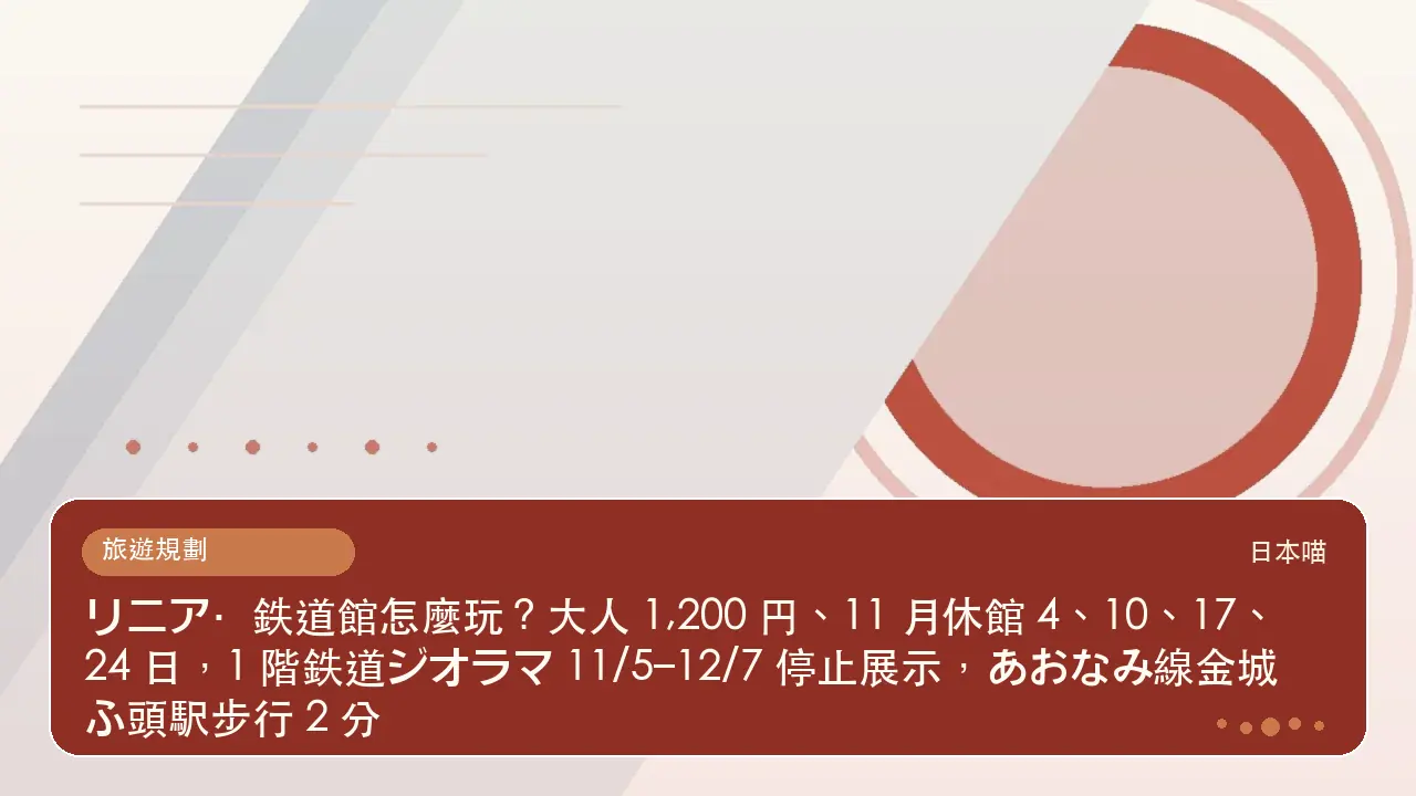 リニア・鉄道館怎麼玩?大人 1,200 円、11 月休館 4、10、17、24 日,1 階鉄道ジオラマ 11/5–12/7 停止展示,あおなみ線金城ふ頭駅步行 2 分主題插畫