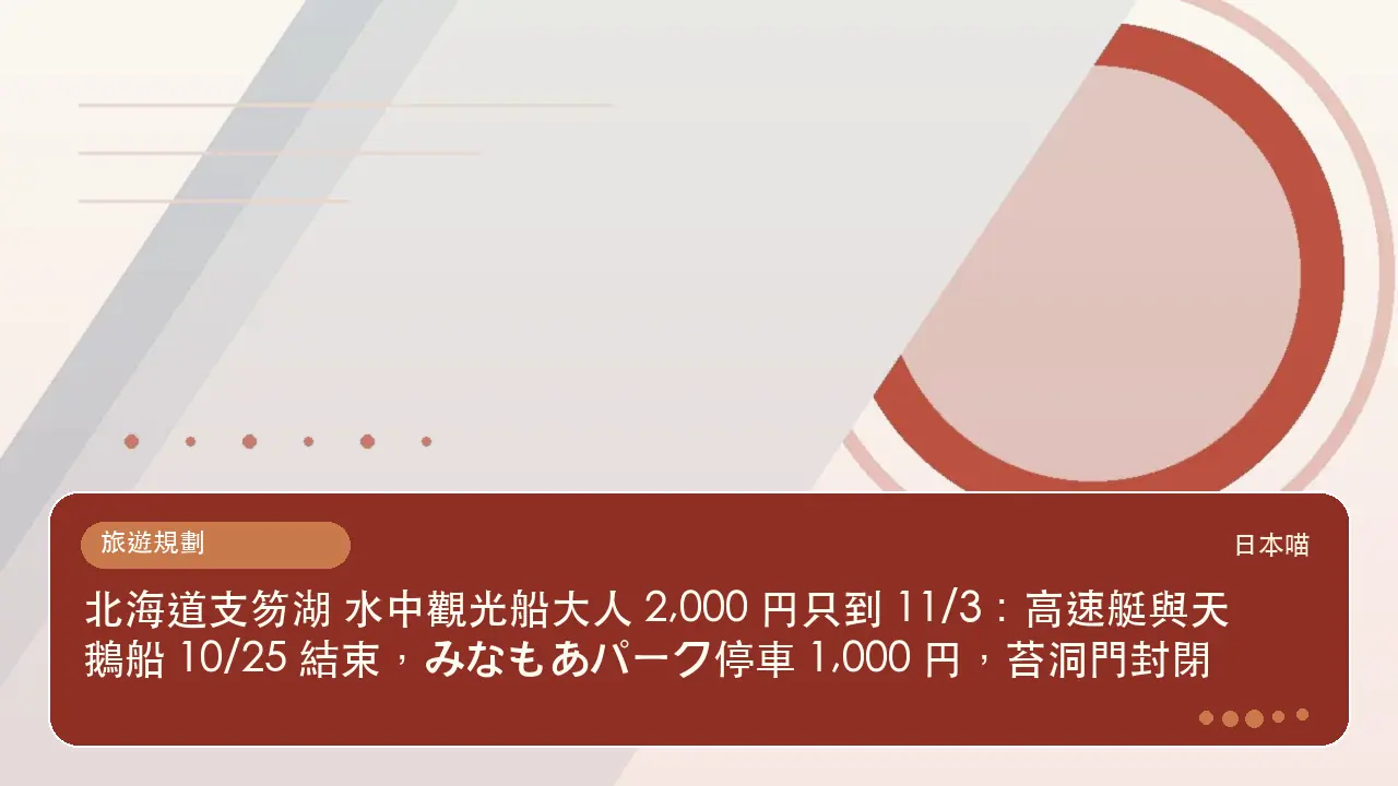北海道支笏湖 水中觀光船大人 2,000 円只到 11/3：高速艇與天鵝船 10/25 結束，みなもあパーク停車 1,000 円，苔洞門封閉主題插畫