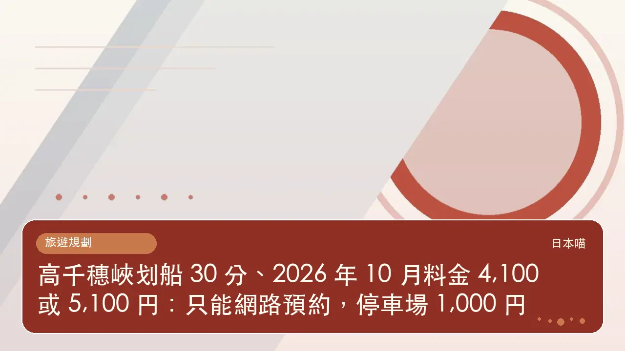 高千穗峽划船 30 分、2026 年 10 月料金 4,100 或 5,100 円:只能網路預約,停車場 1,000 円主題插畫