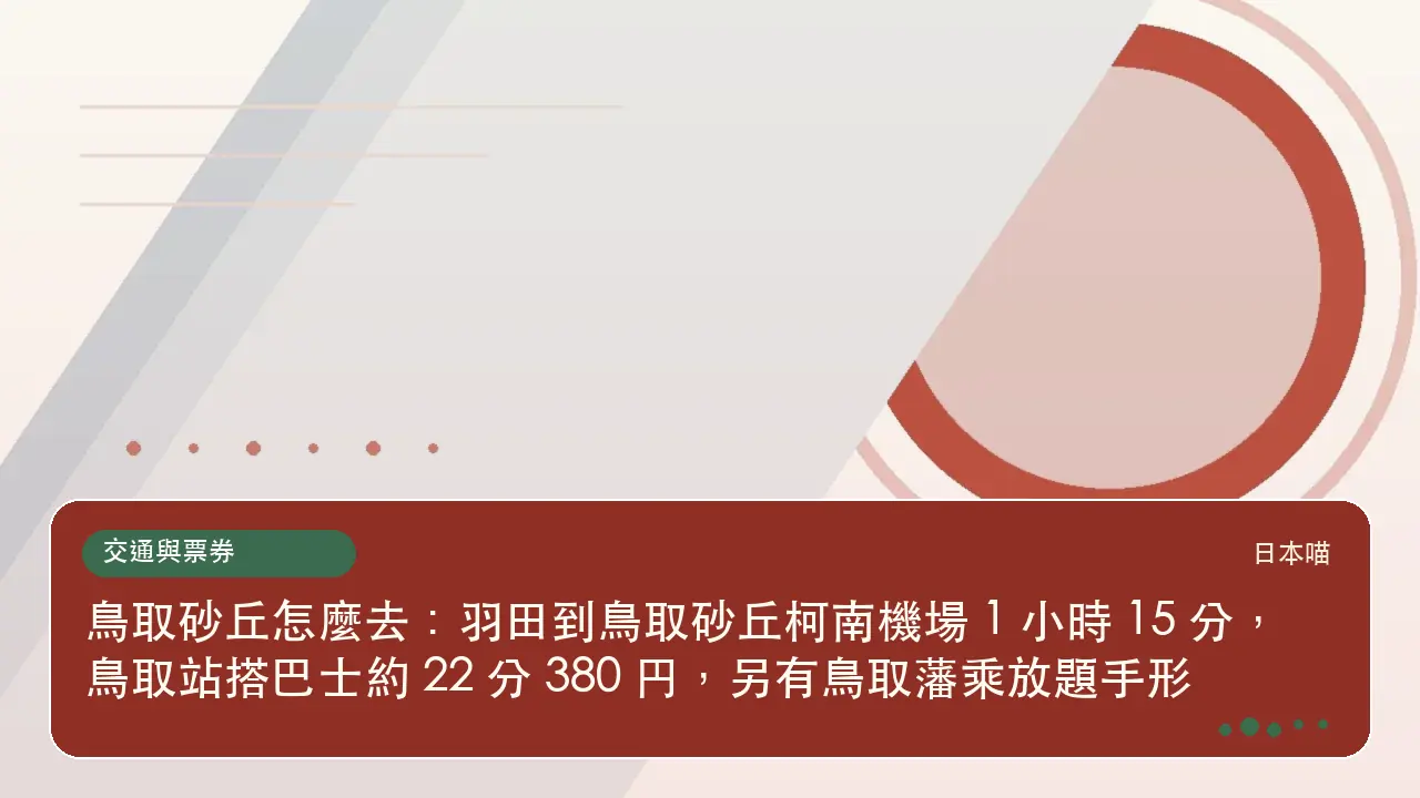 鳥取砂丘怎麼去:羽田到鳥取砂丘柯南機場 1 小時 15 分,鳥取站搭巴士約 22 分 380 円,另有鳥取藩乘放題手形主題插畫
