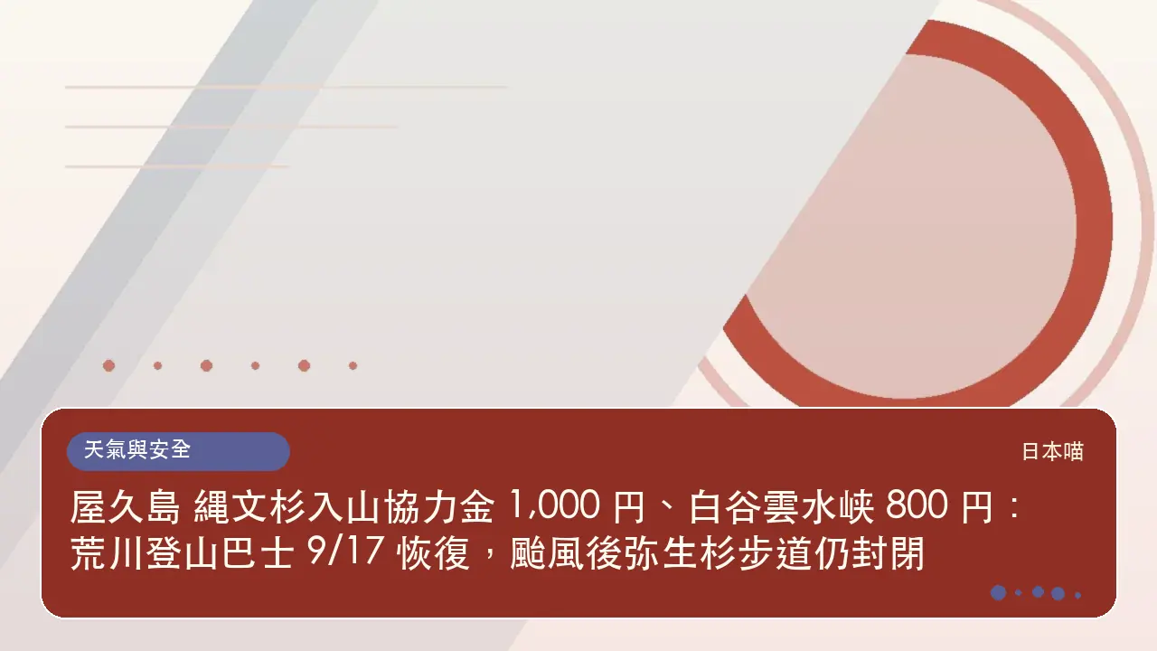 屋久島 縄文杉入山協力金 1,000 円、白谷雲水峡 800 円：荒川登山巴士 9/17 恢復，颱風後弥生杉步道仍封閉主題插畫