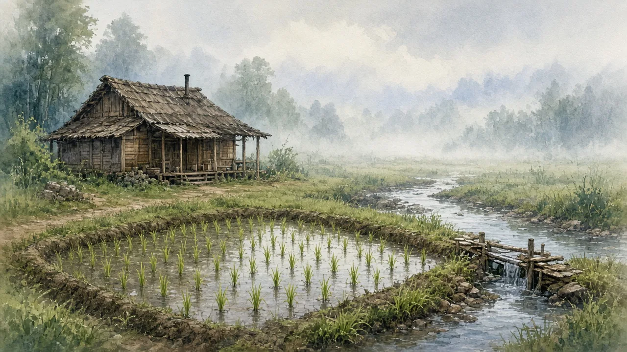 示意插圖：農家後方濕地裡的小塊試種稻田與引水小渠