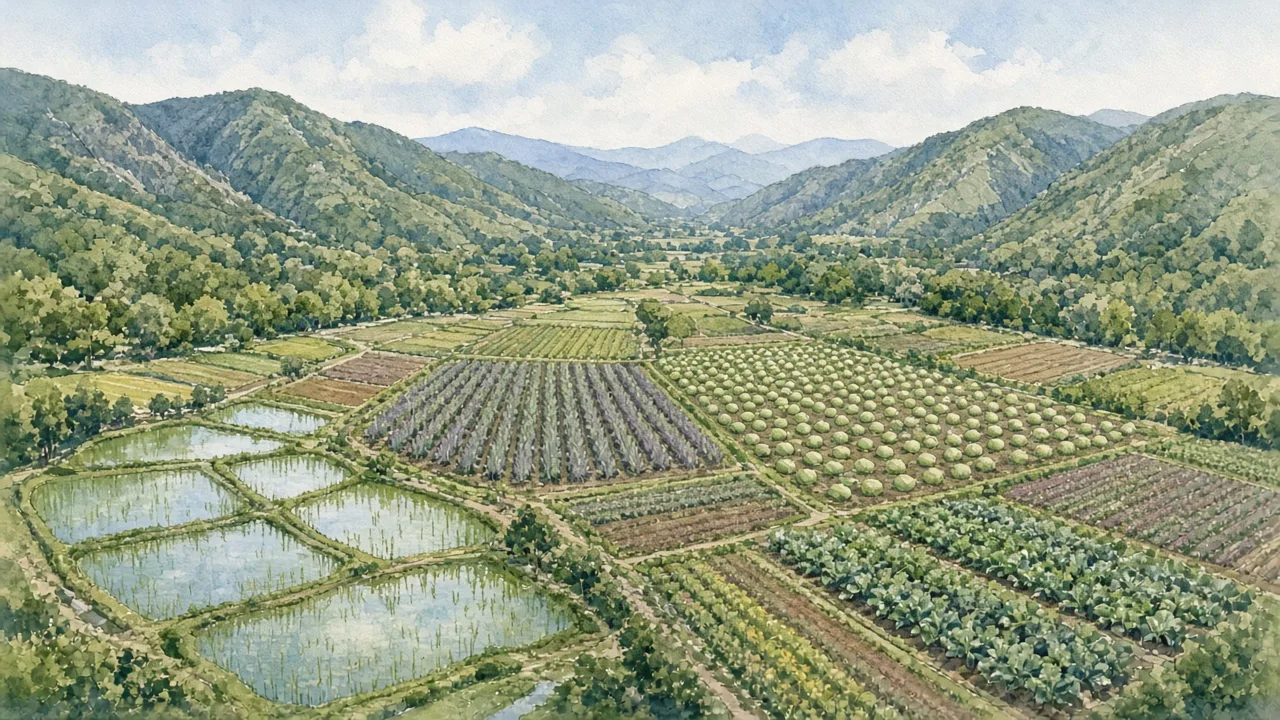 示意插圖：盆地中少數水田與大片洋蔥、哈密瓜等蔬菜田並存