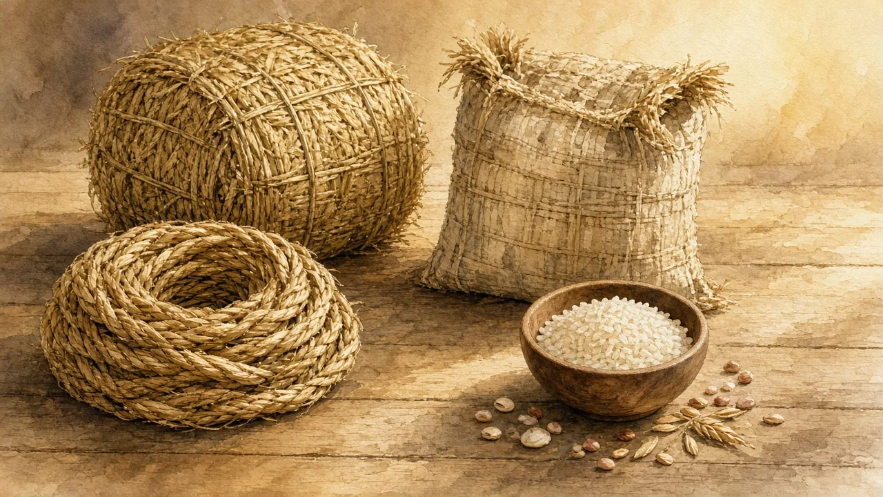 示意插圖：稻草繩、米俵、草袋與一碗米，象徵稻作的多重用途