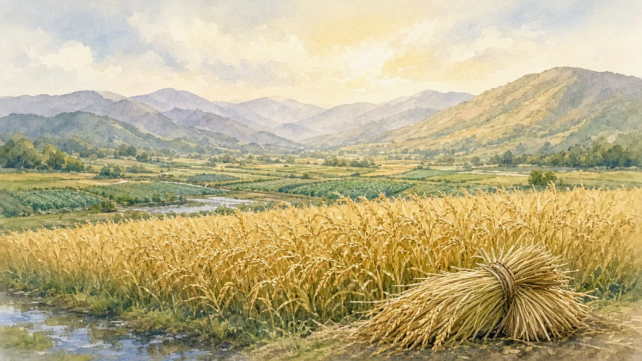 示意插圖：寒地盆地中成熟的稻田與一束稻草，遠處是蔬菜田與山
