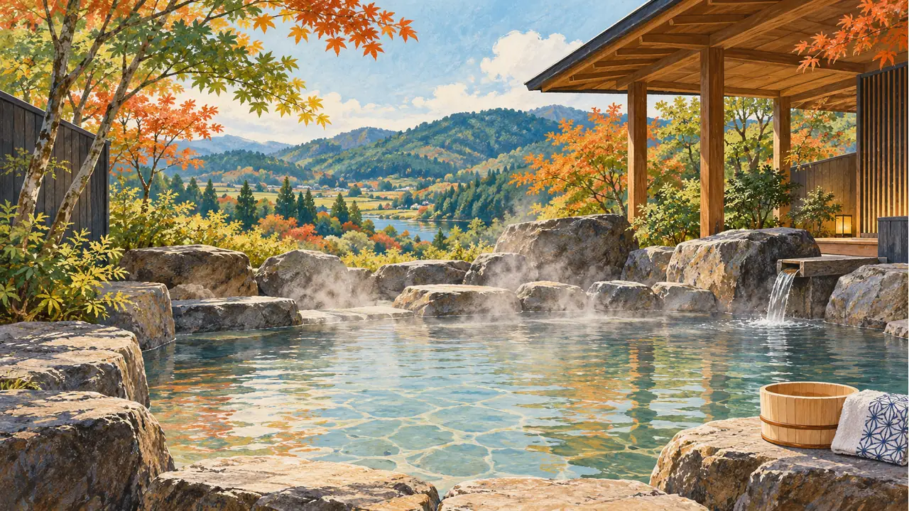 東京多摩地區日歸溫泉的山林概念插畫